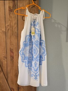 Women's White Mini Dress with Blue Medallion Print - Lightweight Halter